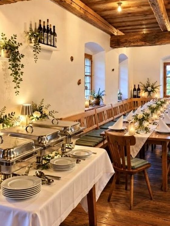 Buffet mit Warmhaltebehältern und festlich gedeckter Tafel