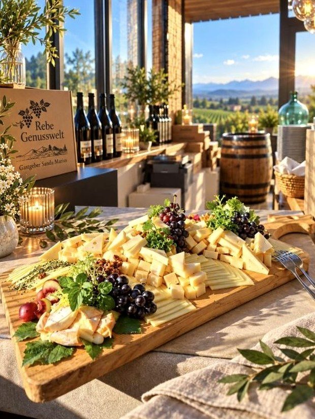 Regionale Käseplatte mit Weintrauben vor dem Blick in die Weinberge