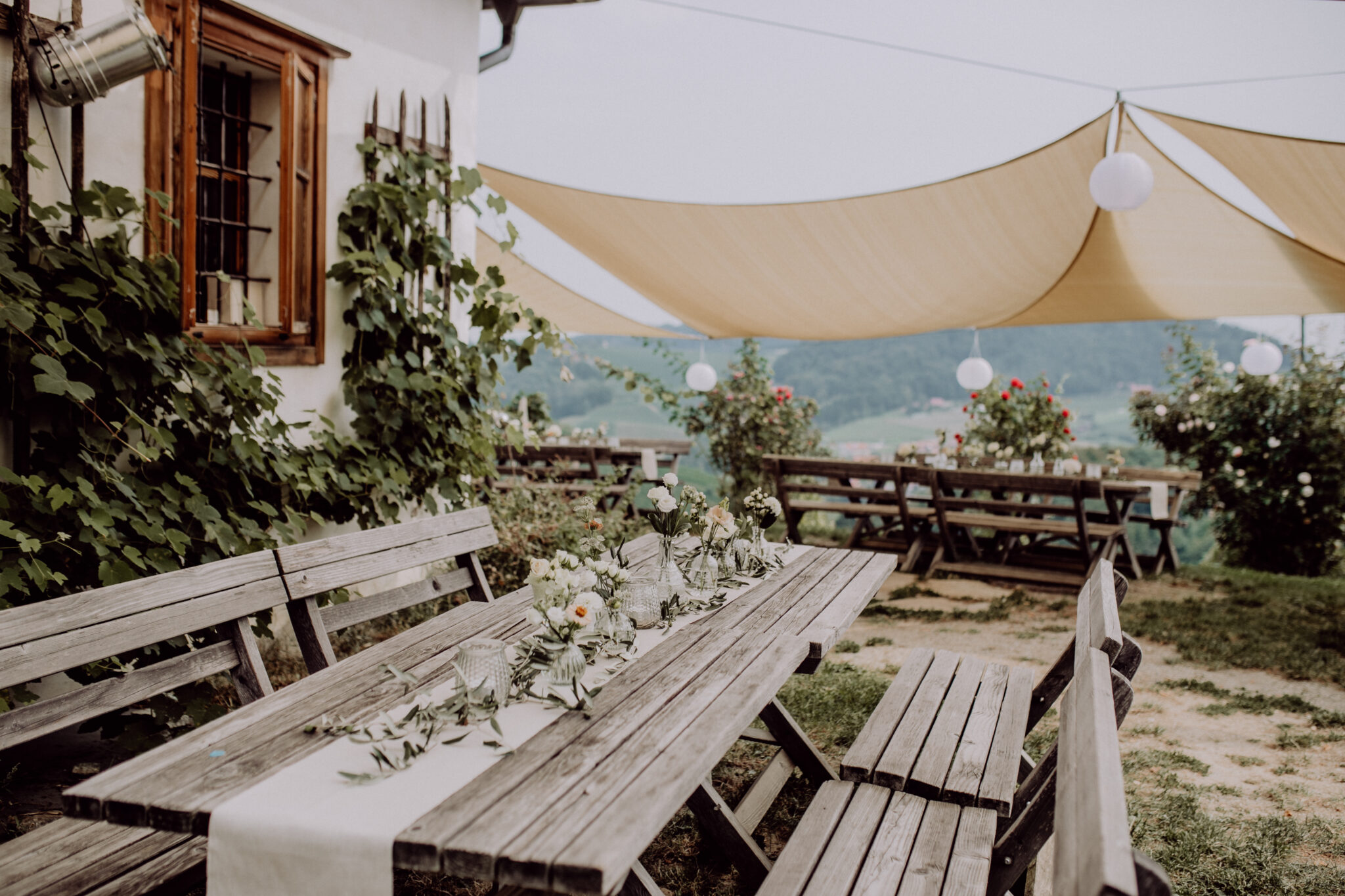 Festlich gedeckte Terrasse mit Blick in die Weinberge